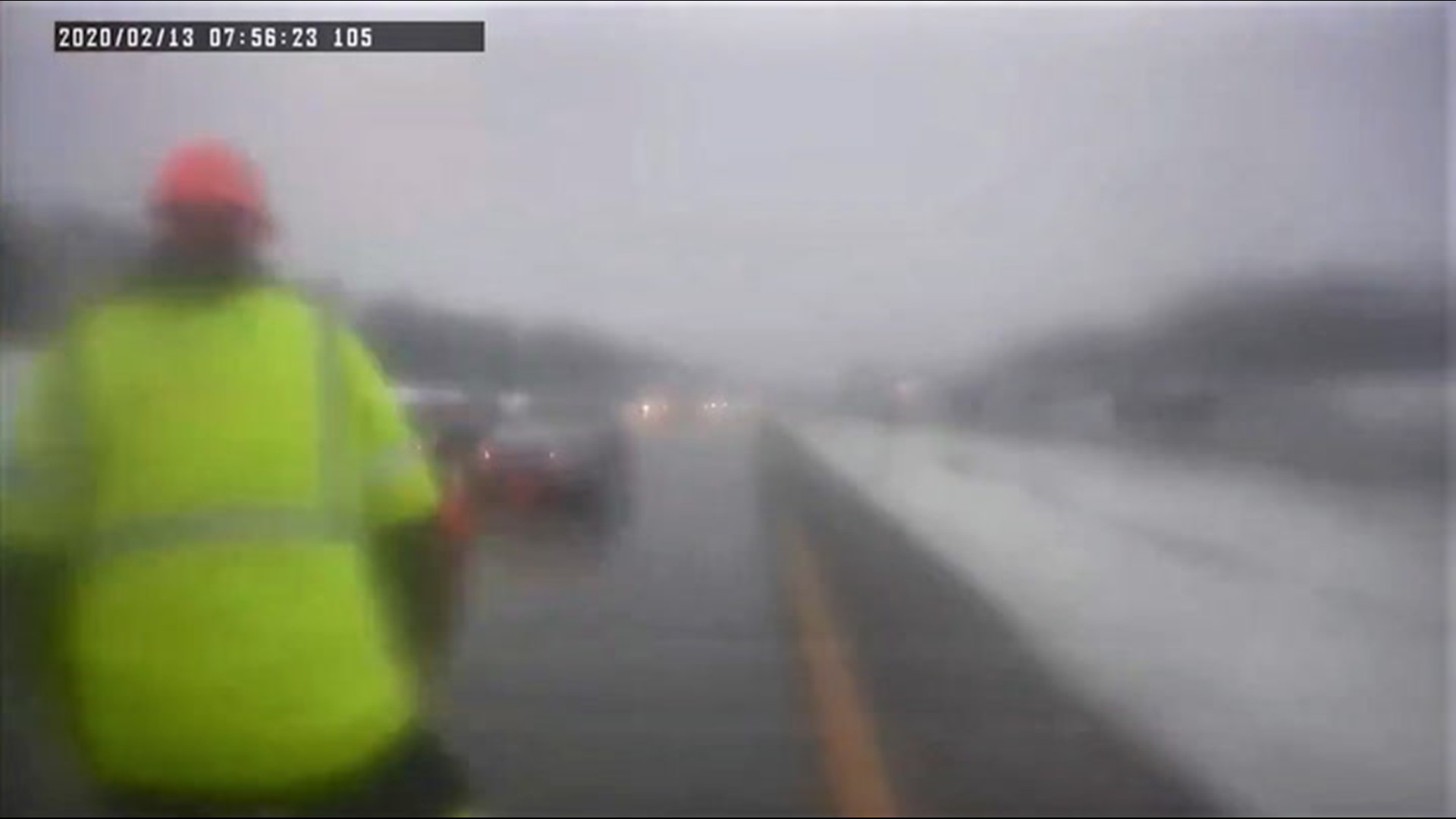 During a storm on Feb. 13, a DOT worker in the Capital District in New York was nearly hit by an oncoming car after stopping to help with a flat tire.