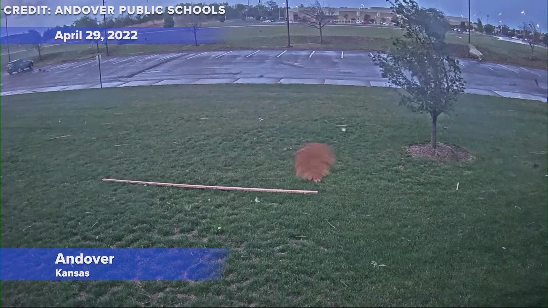 A Kansas school district has released surveillance video showing the damaged caused by a tornado in April.