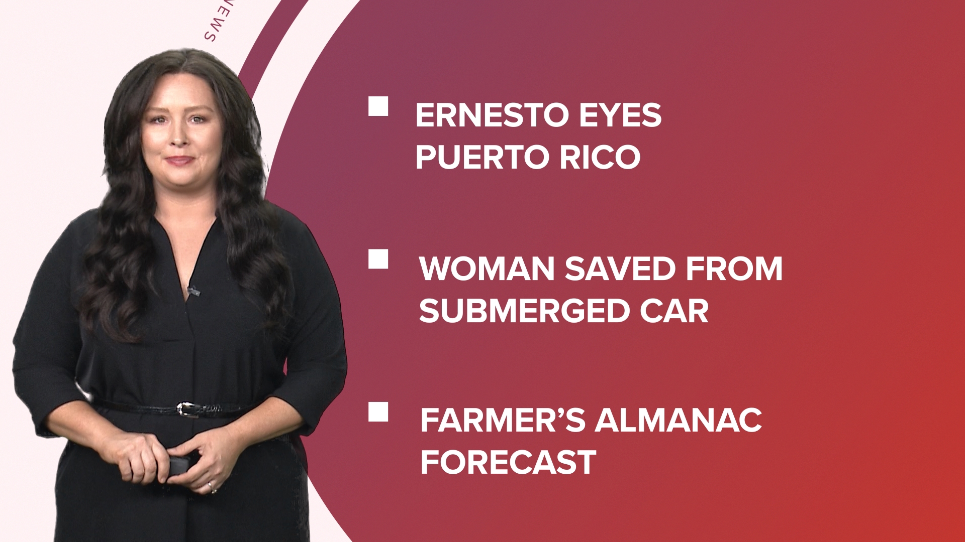 A look at what is happening in the news from Hurricane Ernesto, to a woman rescued from a submerged car and the Farmer's Almanac forecast for winter.