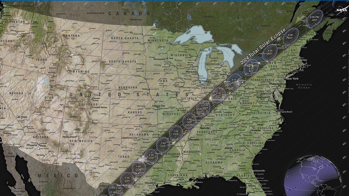 Total solar eclipse 2024 Cities with longest totality times