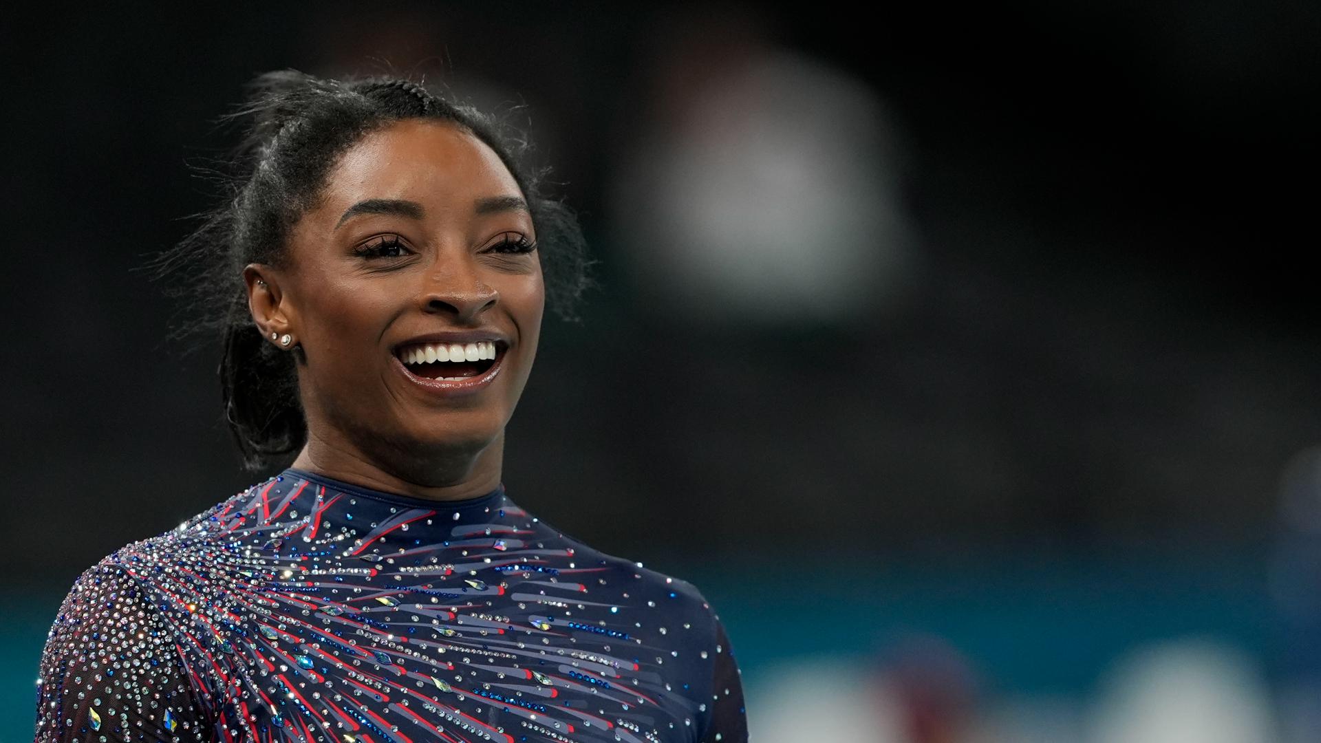 Simone Biles lands signature vault during Olympics podium training