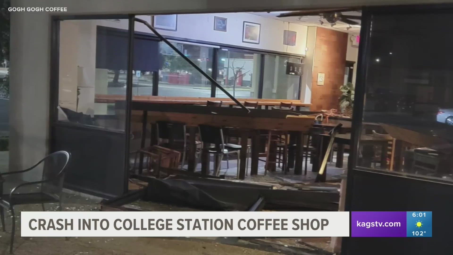 Evan Morrison, the owner of Gogh Gogh Coffee, said he was told that the driver came through the window of the shop around 2 a.m. on Sunday.