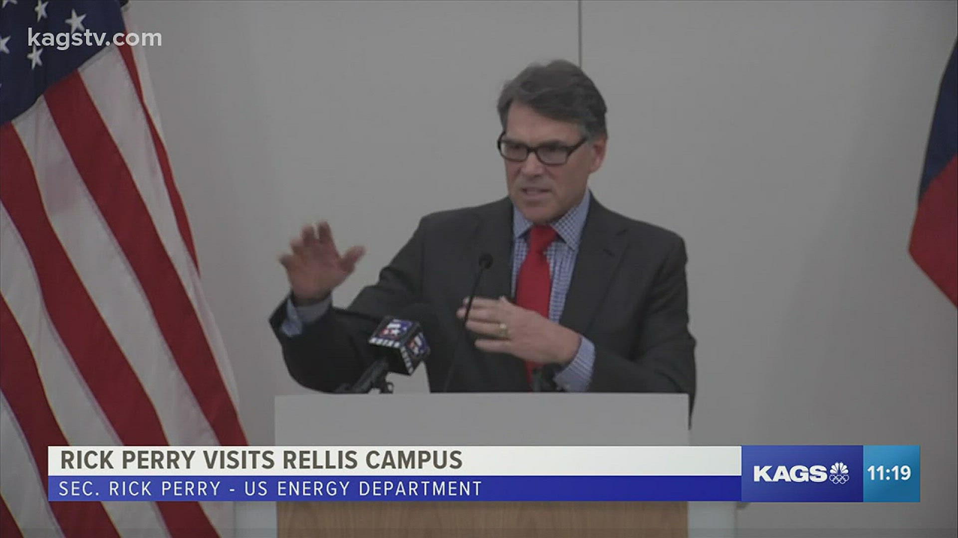Secretary of Energy and former Texas governor, Rick Perry, was in the Brazos Valley this afternoon at the Texas A&M Rellis campus. Perry spoke about President Trumps new infrastructure spending plan and how facilities like Rellis can spark innovation and