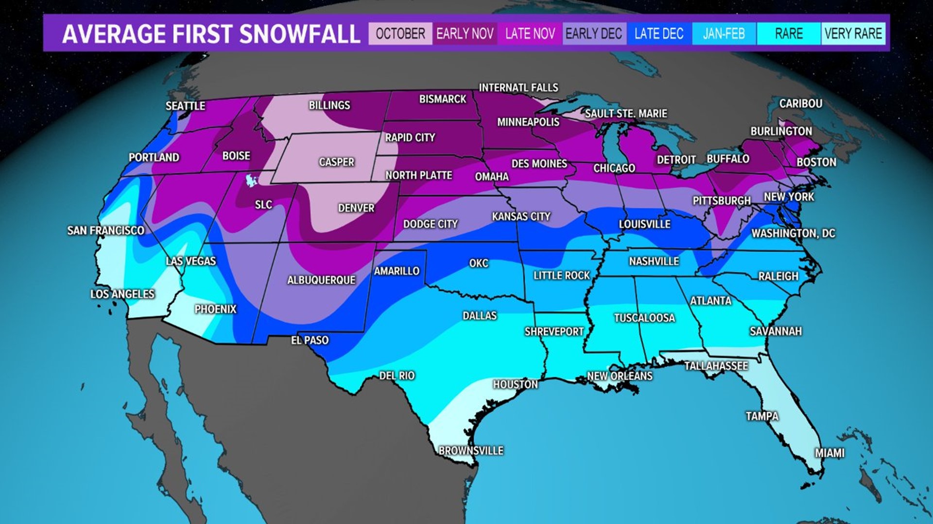 Average first snowfall for the lower48