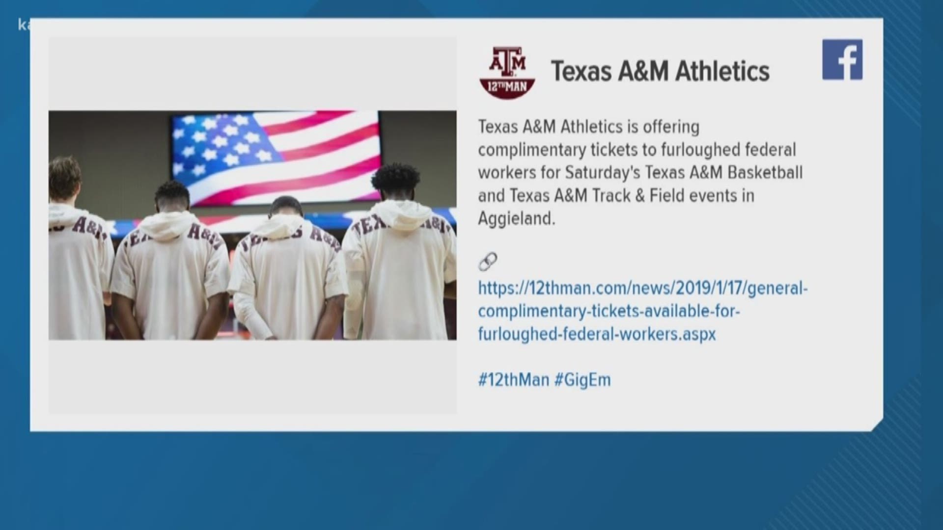 Texas A&M Athletics department is offering government workers complimentary tickets to Saturday's events.