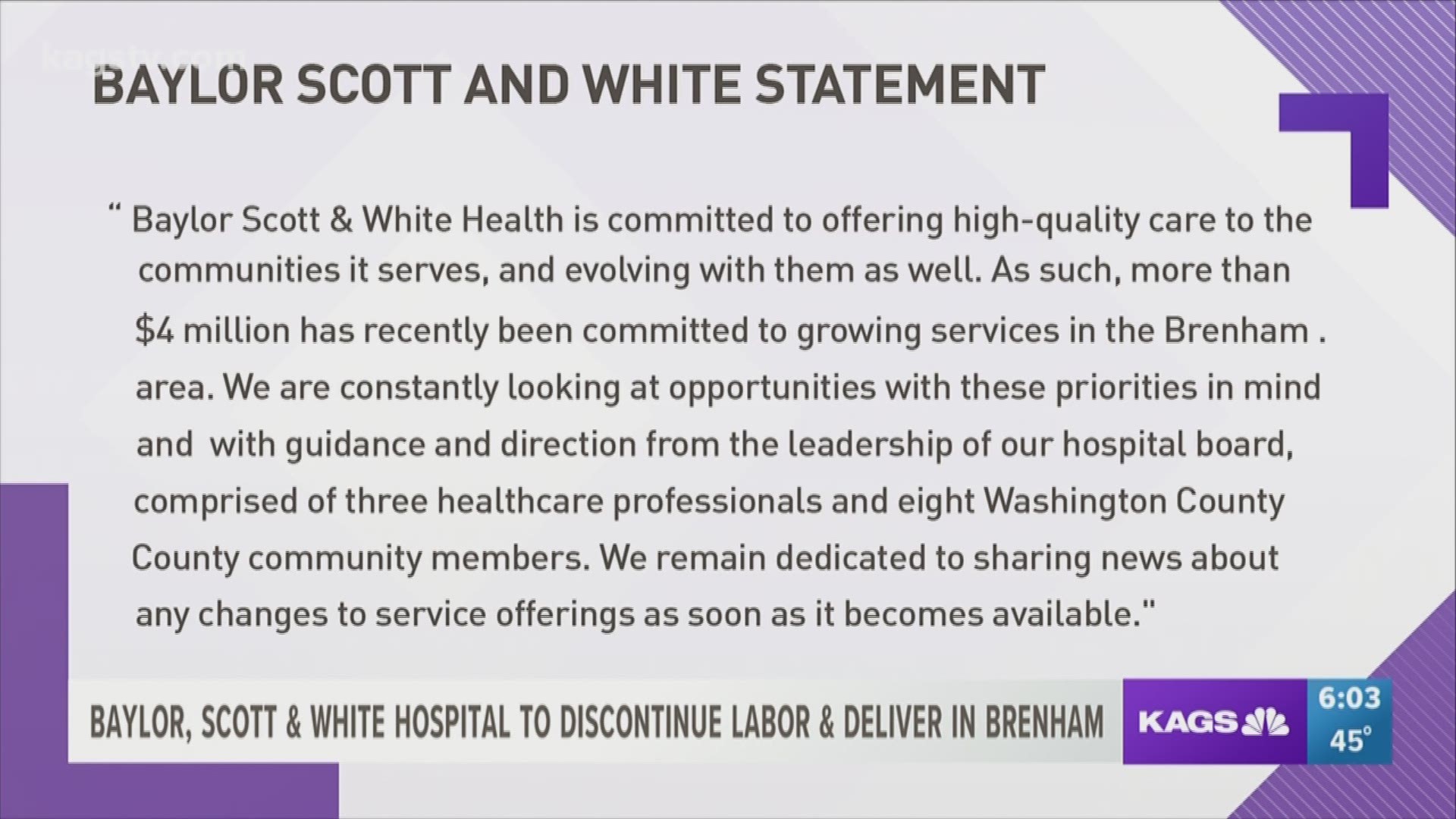 Baylor Scott and White could be discontinuing its Labor and Delivery services at the clinic's location in Brenham.