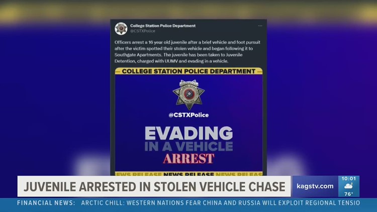16-year-old arrested by College Station Police following chase involving stolen vehicle