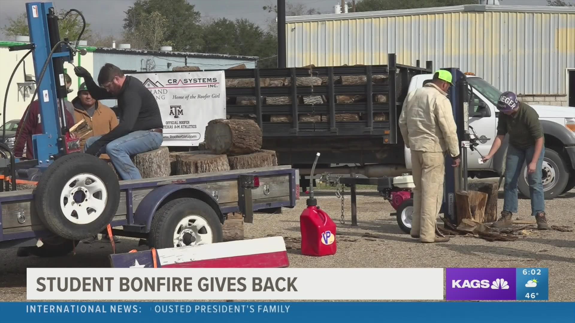 The organization distributed firewood for free at Chicken Oil Co. in Bryan to those in need of resources to stay warm ahead of the frigid weather this weekend.