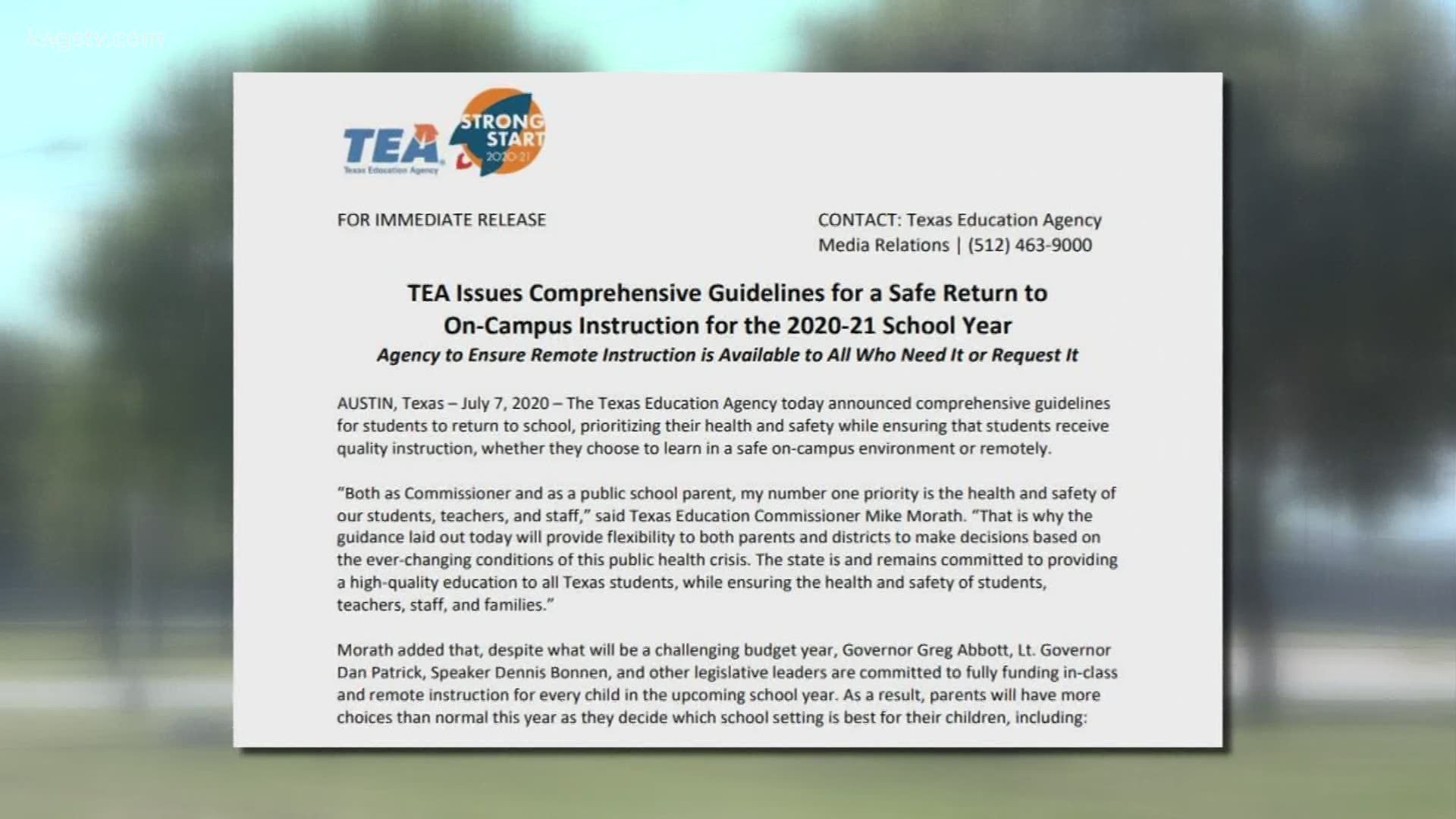 TEA shares intentions for 2020-2021 school year