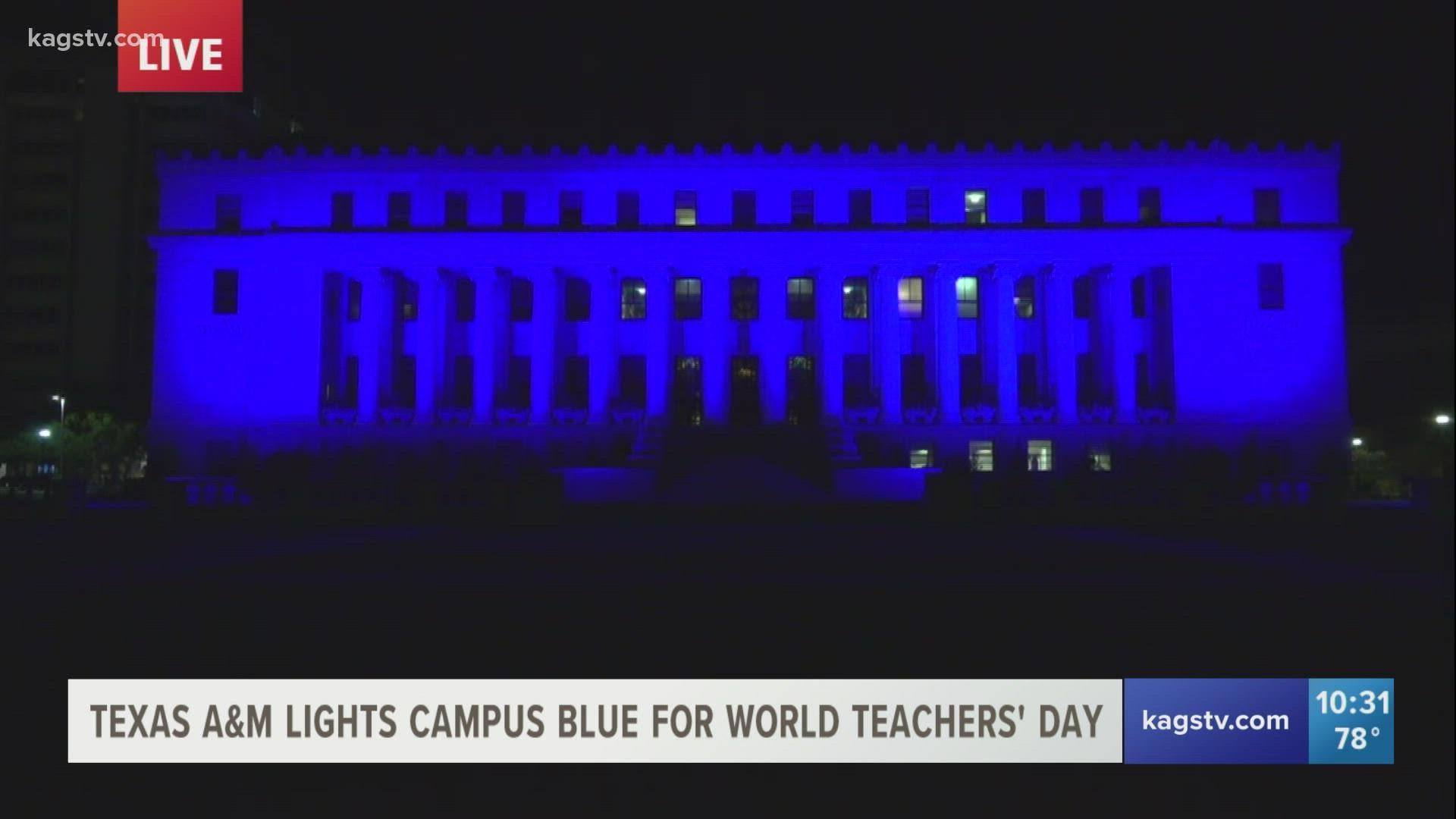 Bright blue lights shined on multiple buildings across campus in honor of World Teachers' Day