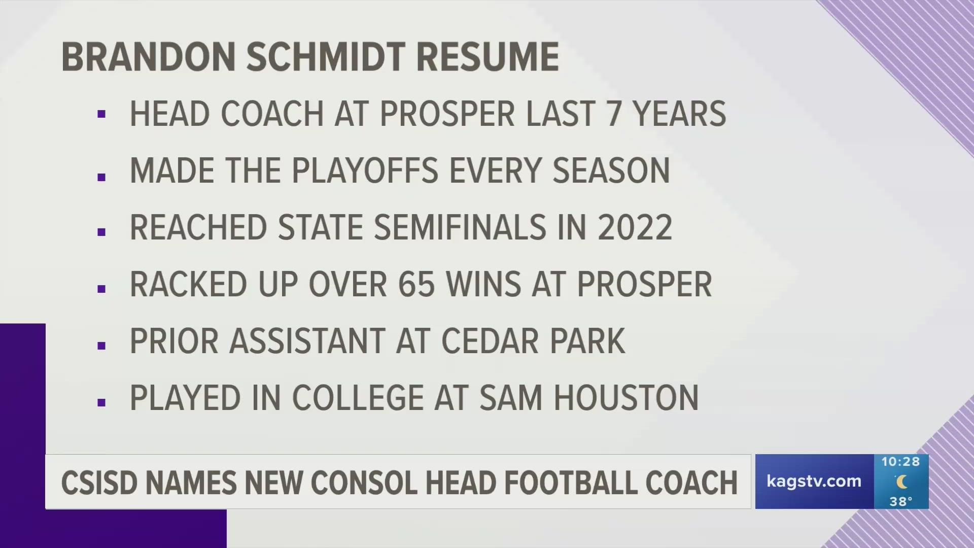 Schmidt will be recommended to take over the A&M Consolidated head football coach role at a special board meeting on Tuesday, Jan. 31.