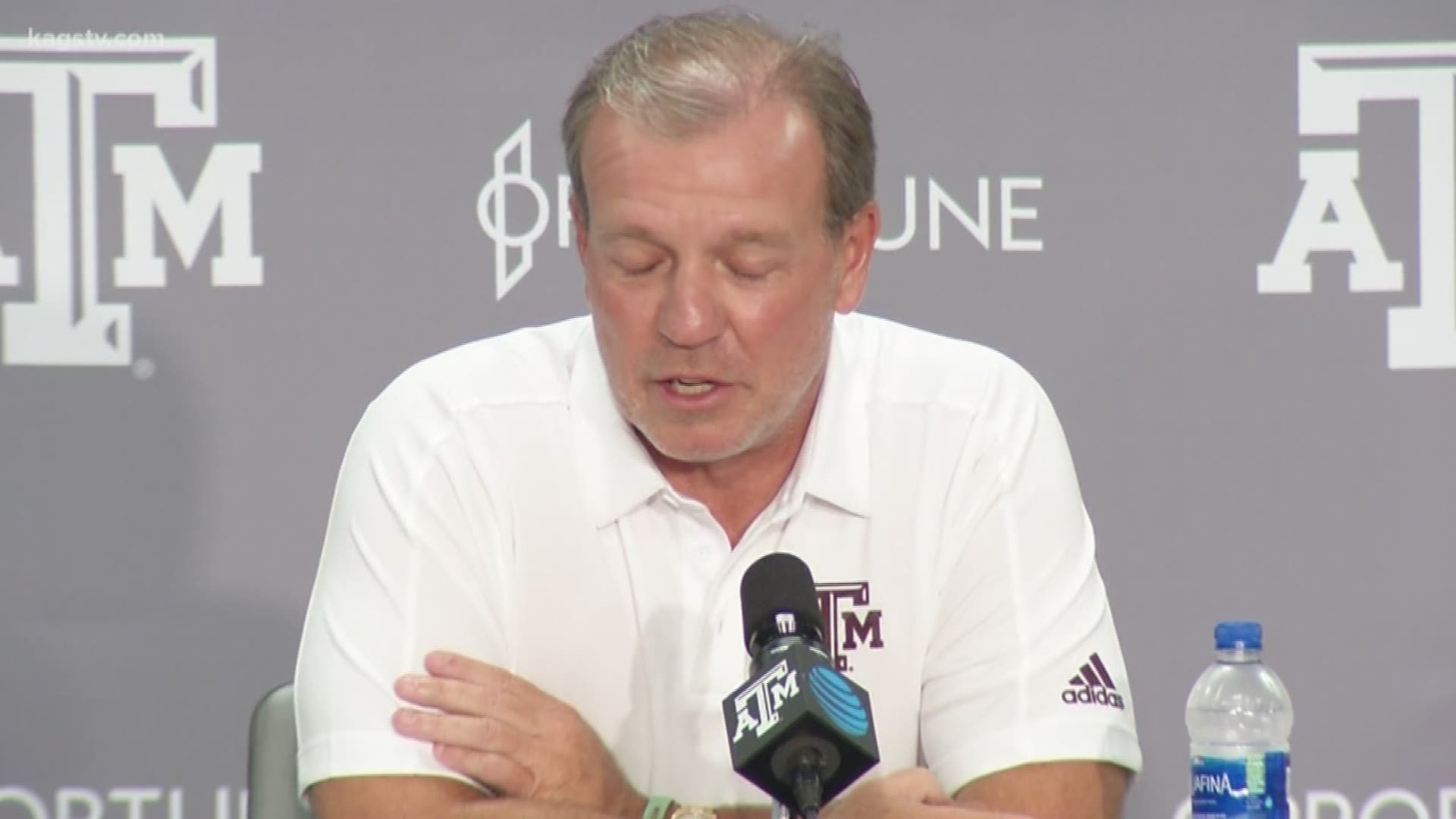 Jimbo Fisher gives an update on camp before the Aggies first team scrimmage of the fall