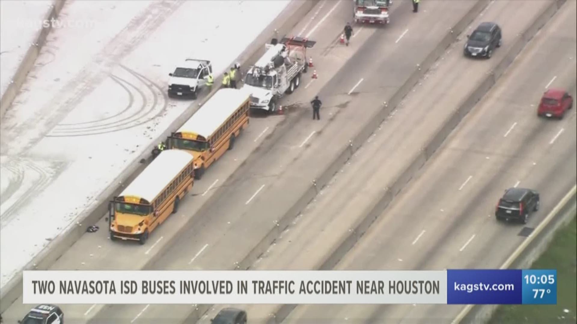 Thirty people were injured, including some students, when two Navasota ISD buses were involved in a traffic accident in the Houston area today. Here is Kacey Bowen with more details.