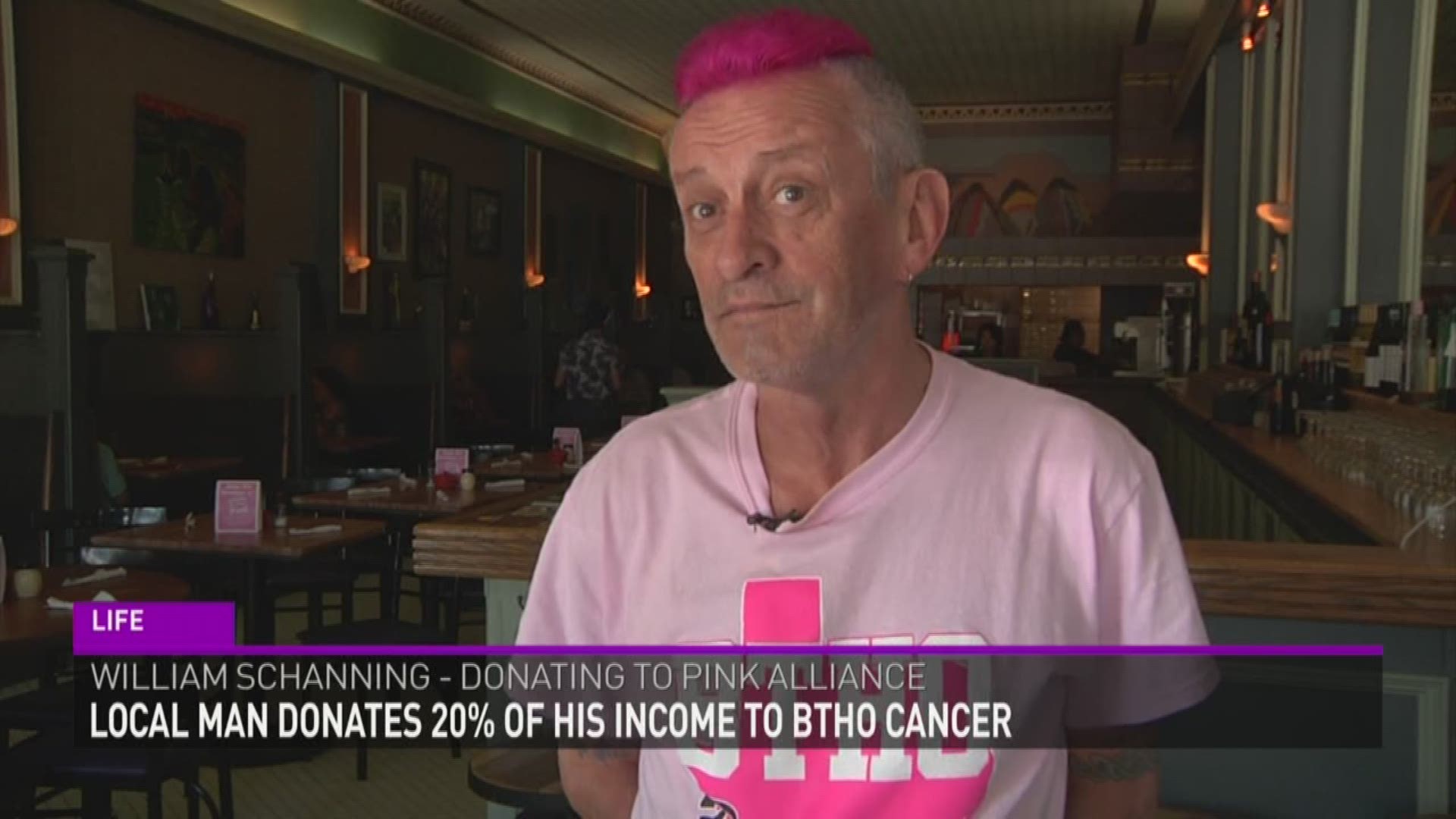 Local waiter is donating part of his income to local breast cancer organization. 
