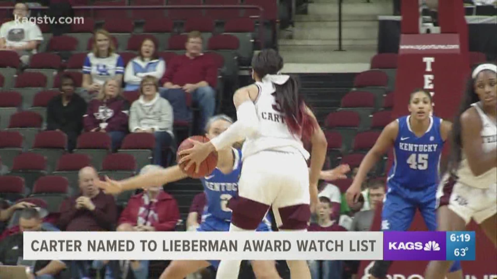 Texas A&M sophomore Chennedy Carter was named to the watch list for the 2019 Nancy Lieberman Award, presented by the Naismith Memorial Basketball Hall of Fame and the Women's Basketball Coaches' Association to the top point guard in women's college basket
