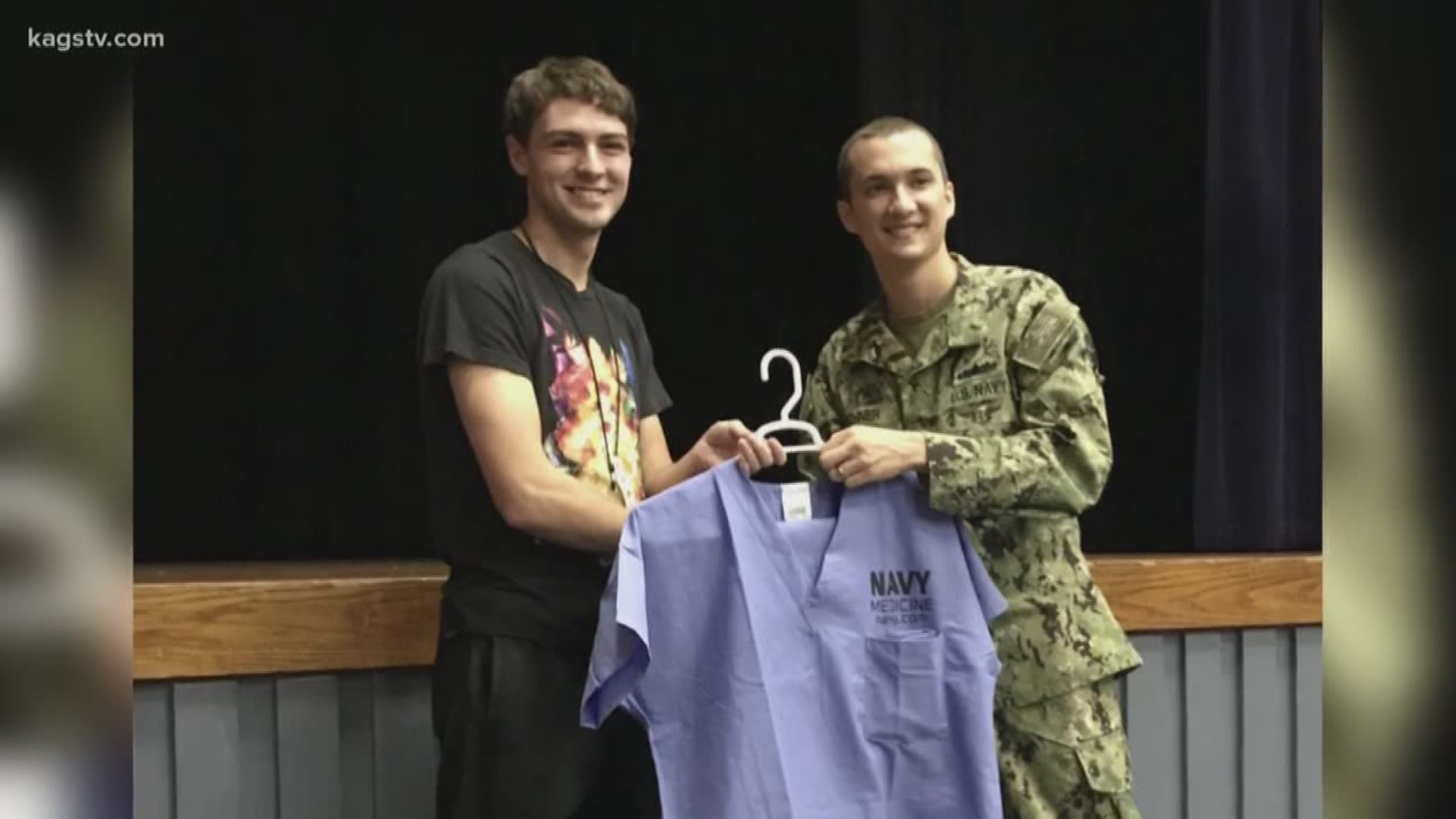 A student in the Hammond-Oliver Science Program at Bryan High School received his scrubs from the United States Navy and now he says he gets to continue his passion of helping others.
