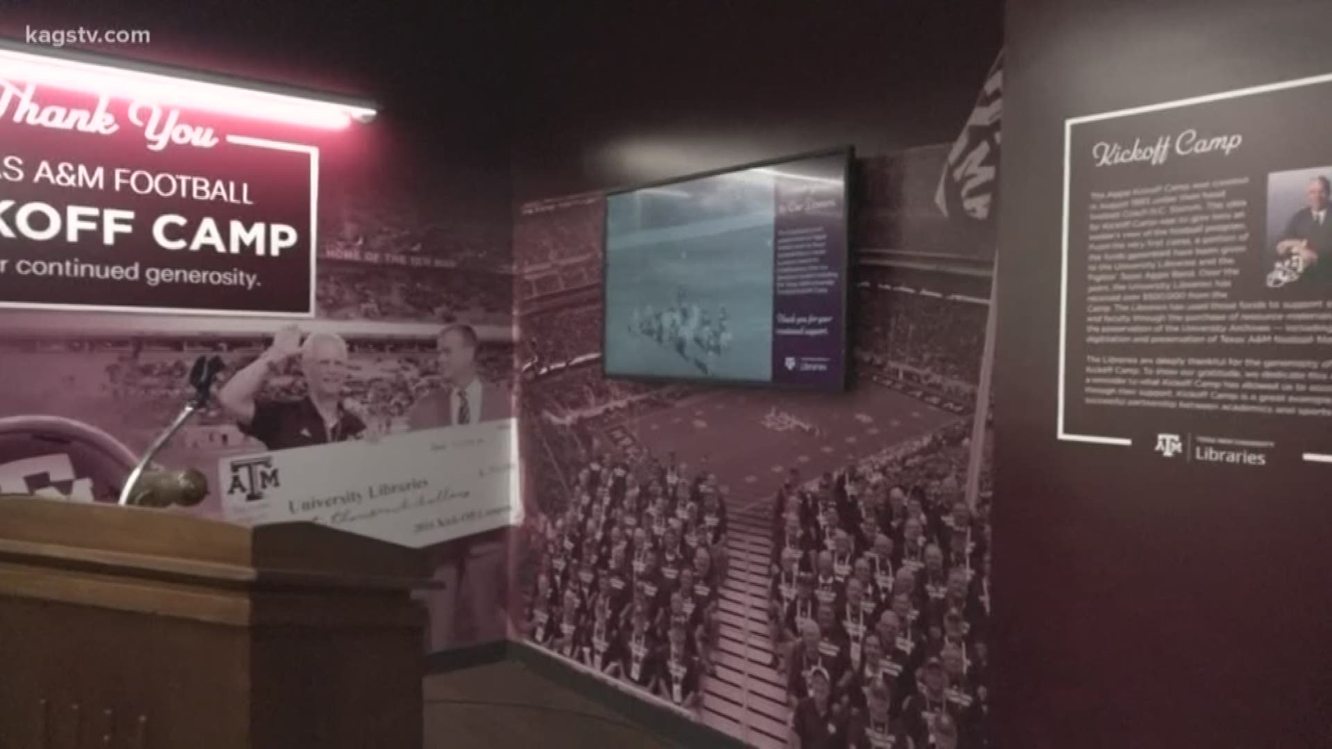 A&M University libraries dedicated a wall in the annex to honor contributions the Texas A&M football Kick-Off camp has made to the libraries.