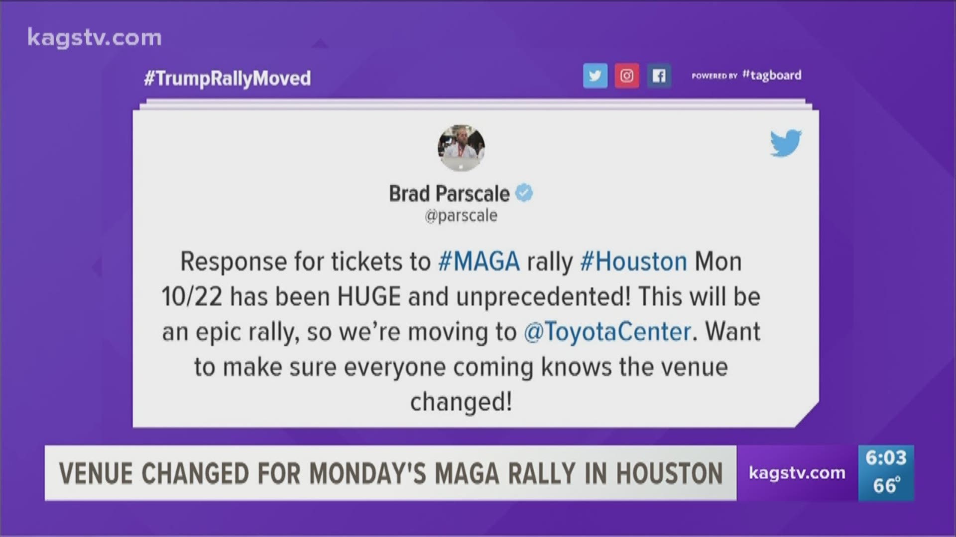 A new venue announced today for President Trump's Make America Great Rally scheduled for this coming Monday in Houston.
