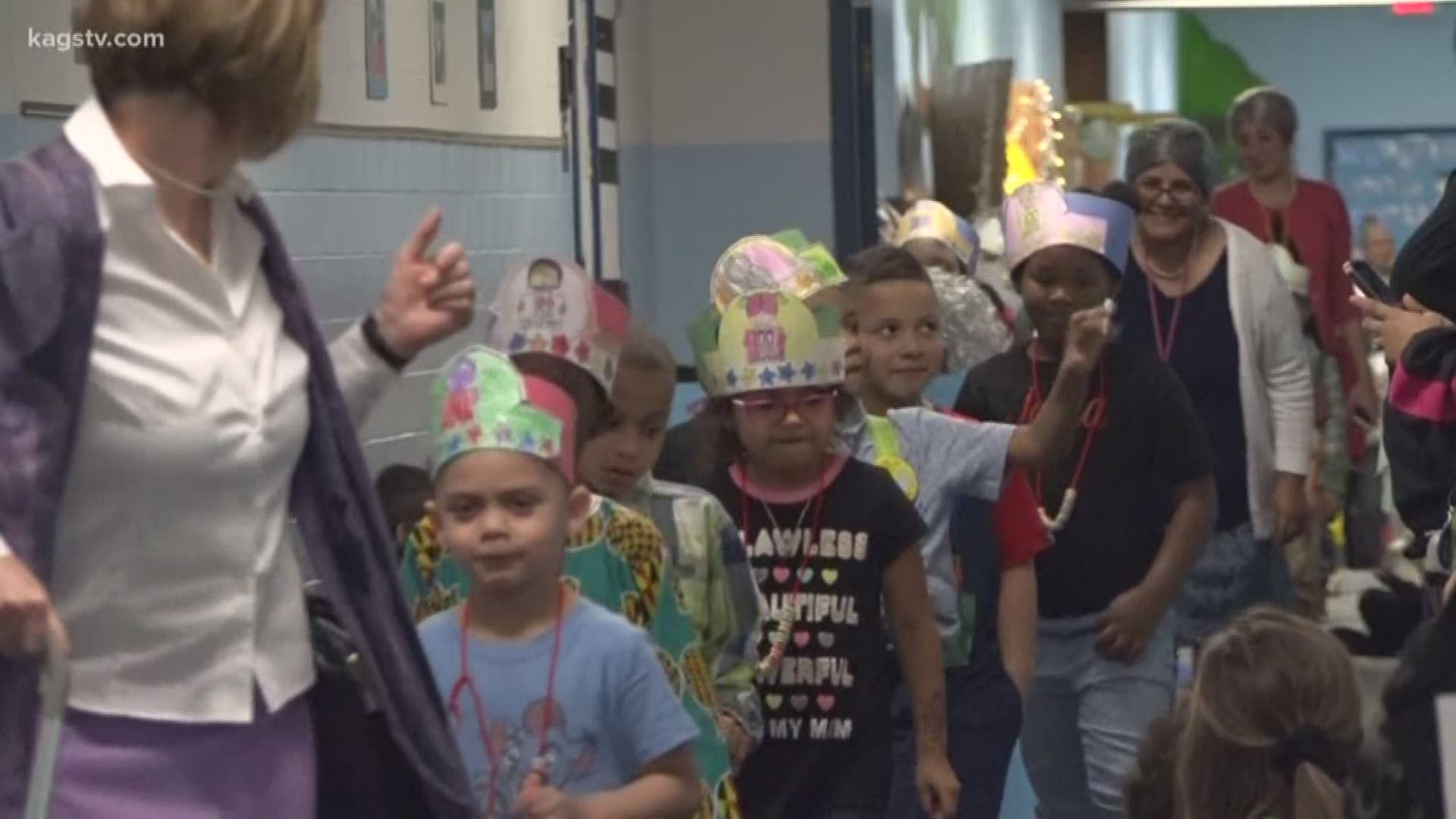 Kindergartners marched around the school for its annual 100 Days of School parade on Monday.