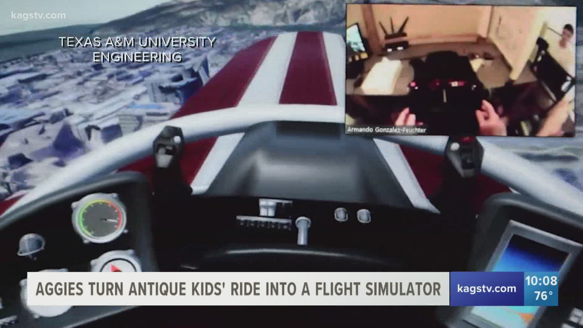 A 1950’s carnival kids ride was turned into a high-tech virtual flight simulator by Aggies— all during a pandemic