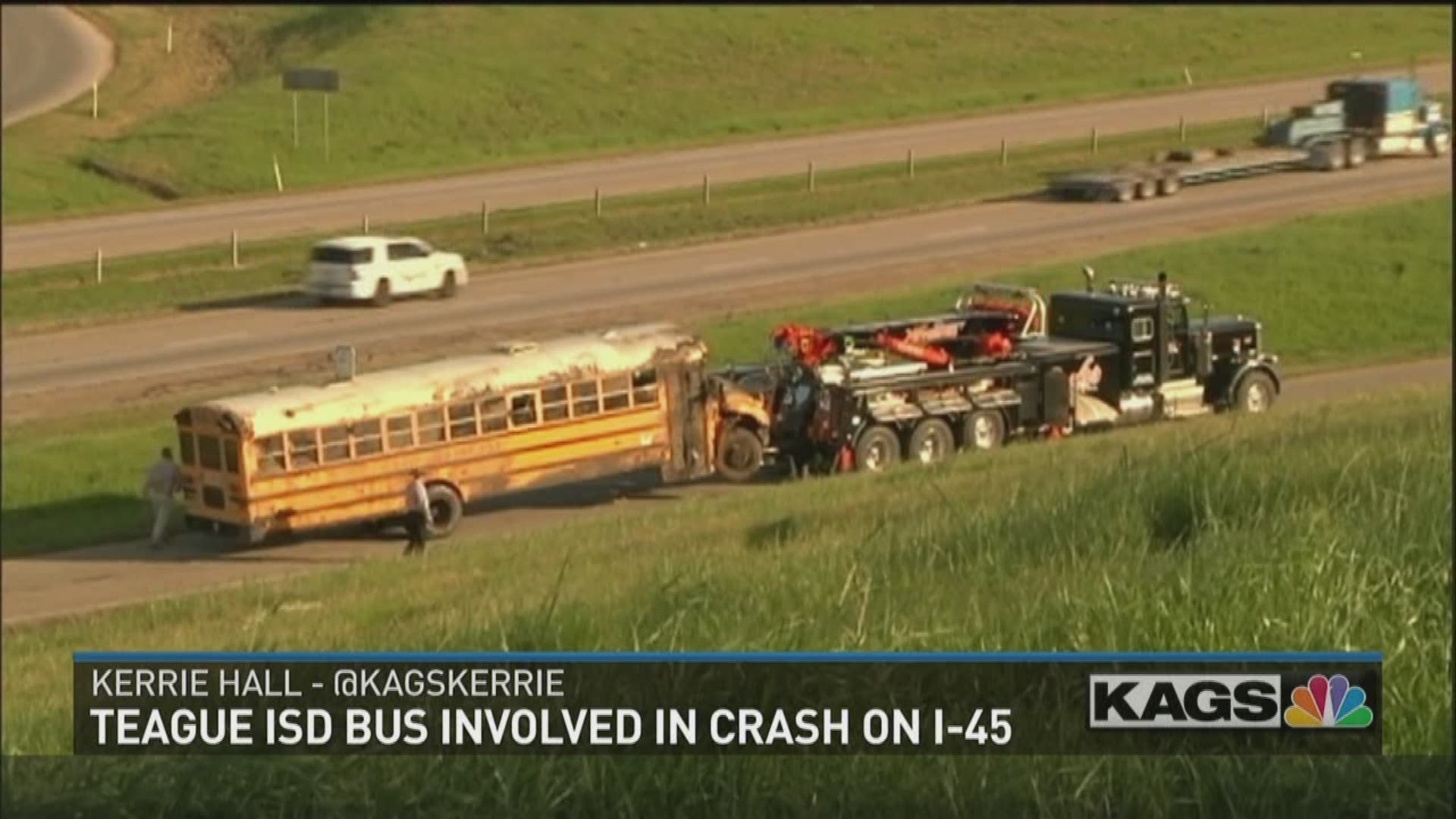 A Teague ISD school bus overturned on I-14 with students on board.