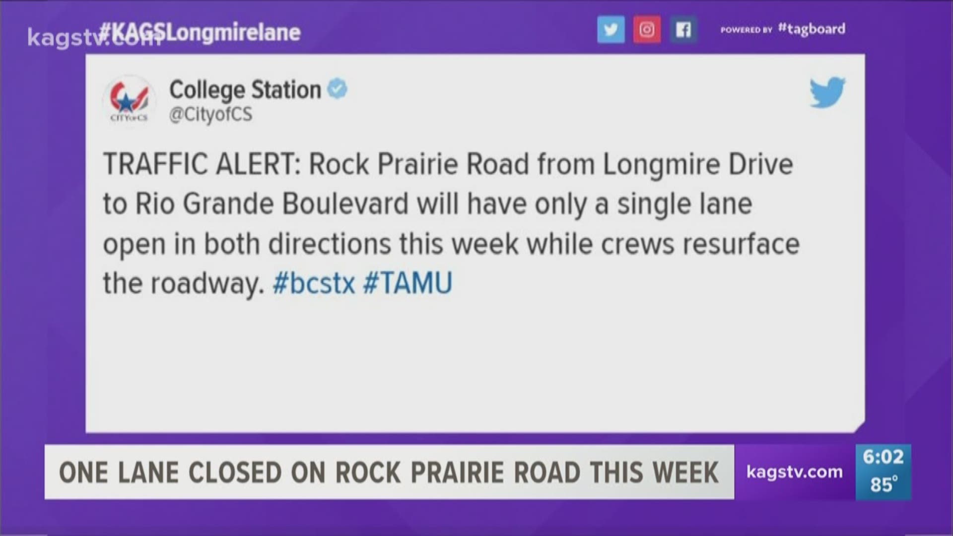 Crews will be working to resurface the roadway in each direction on Rock Prairie Road from Longmire Road to Rio Grande Boulevard.