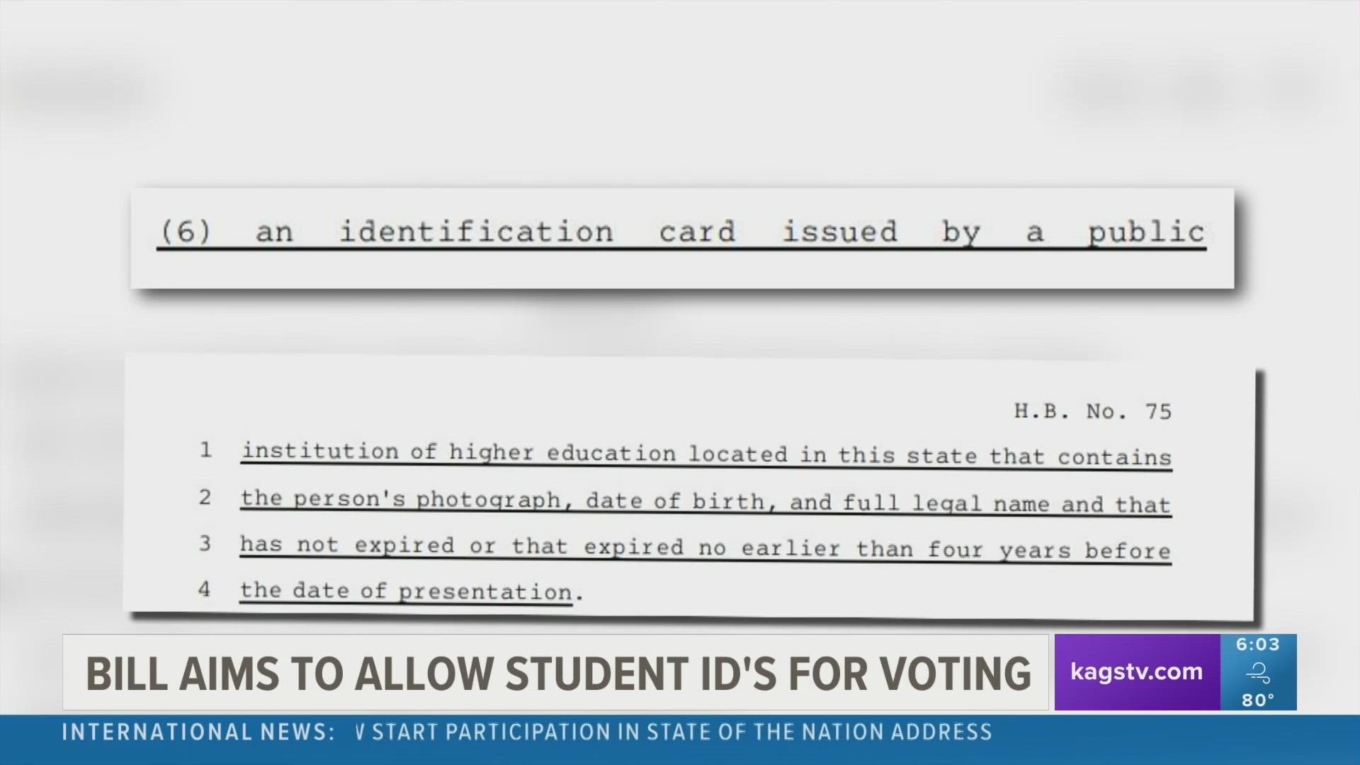 If passed, House Bill 75 would add student ID's to the already existing forms of ID allowed by the State of Texas for voter registration.
