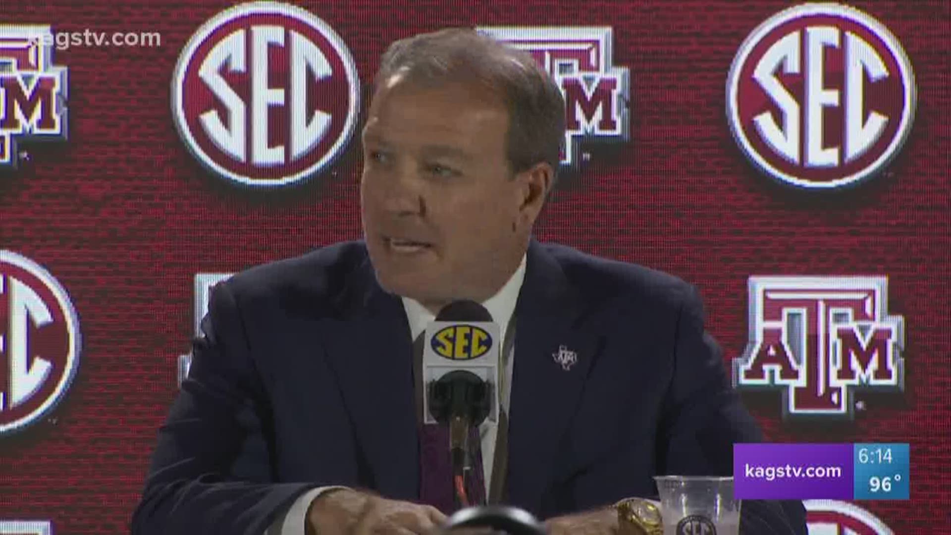 Jimbo Fisher along with Kingsley Keke, Trayveon Williams and Erik McCoy were the first to hit the podiums at SEC Media Days in Atlanta.