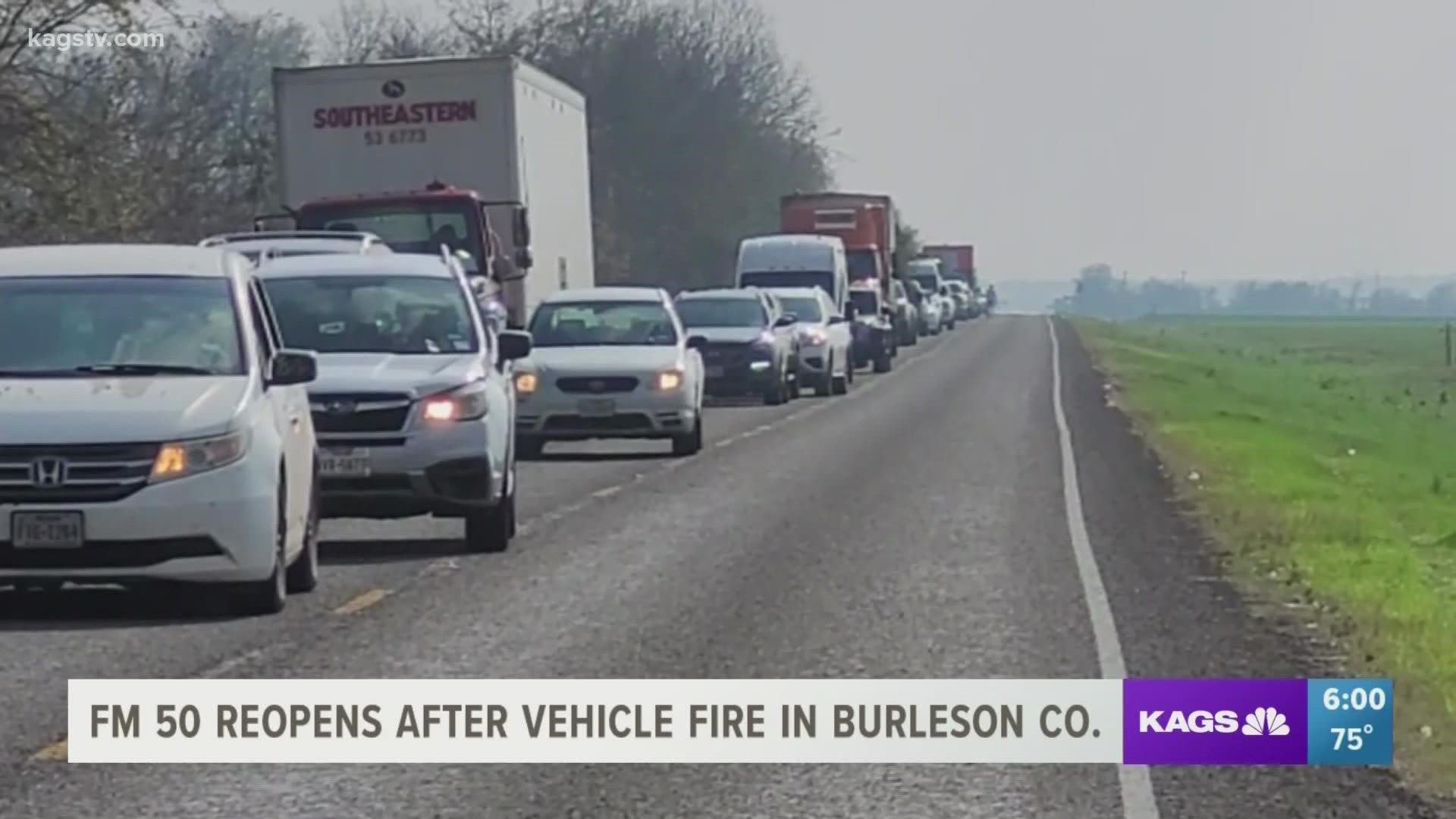 The car caught fire just before 1 p.m. Thursday on FM 50 and Co Rd 276 in Burleson county.