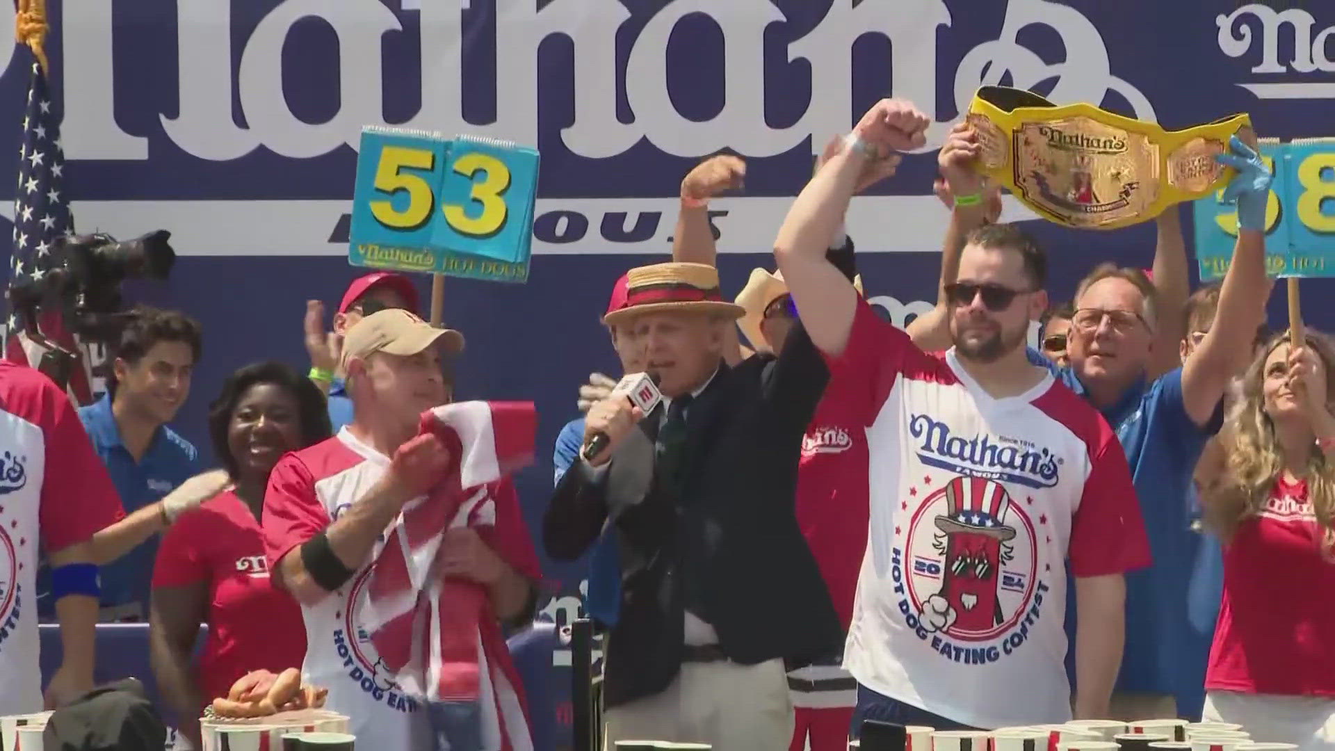 Patrick Bertoletti of Chicago was crowned top dog, gobbling down 58 hot dogs and buns.