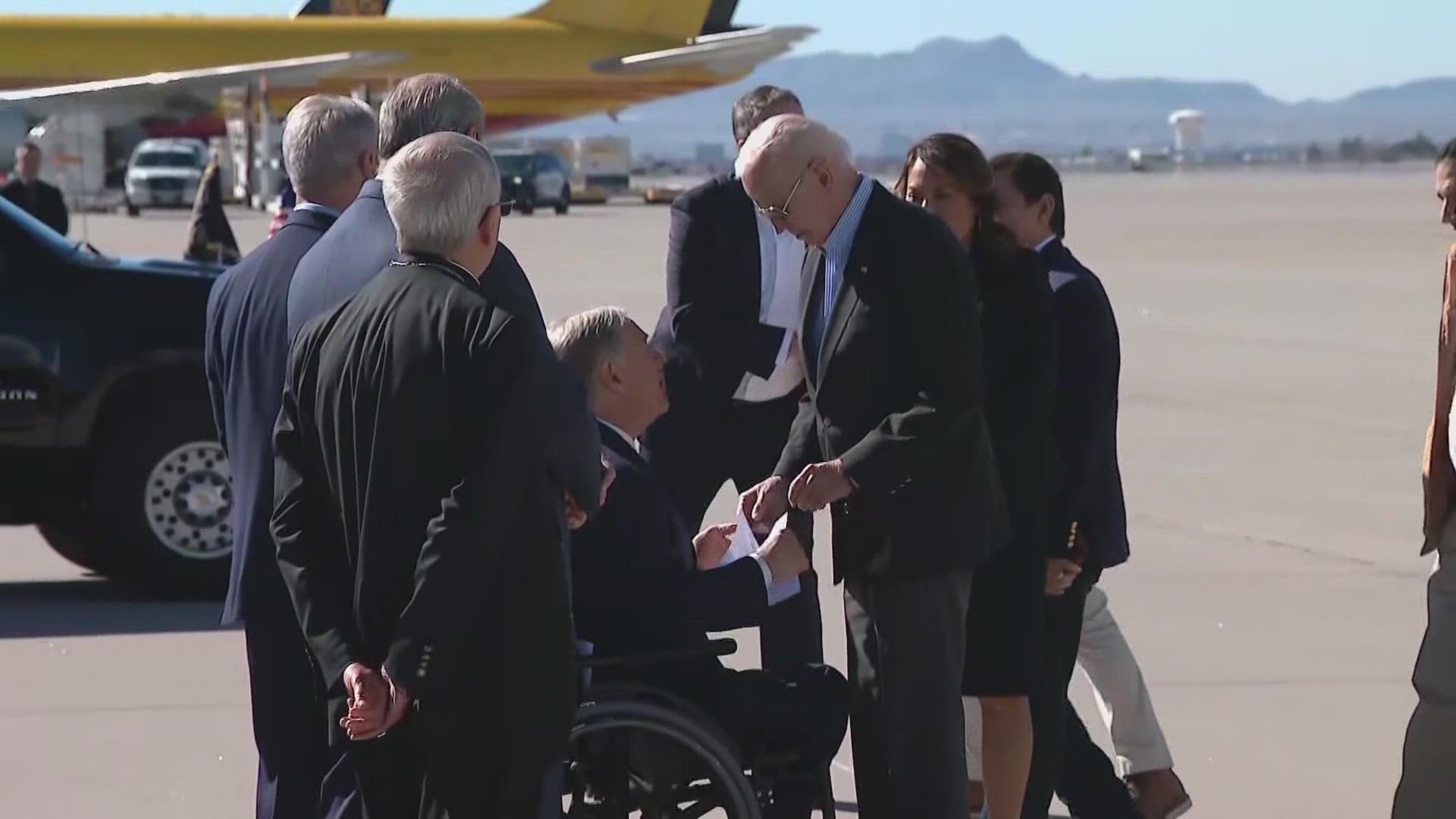 Texas Gov. Greg Abbott met the president after he landed aboard Air Force One and gave him a letter criticizing the president's border policies.