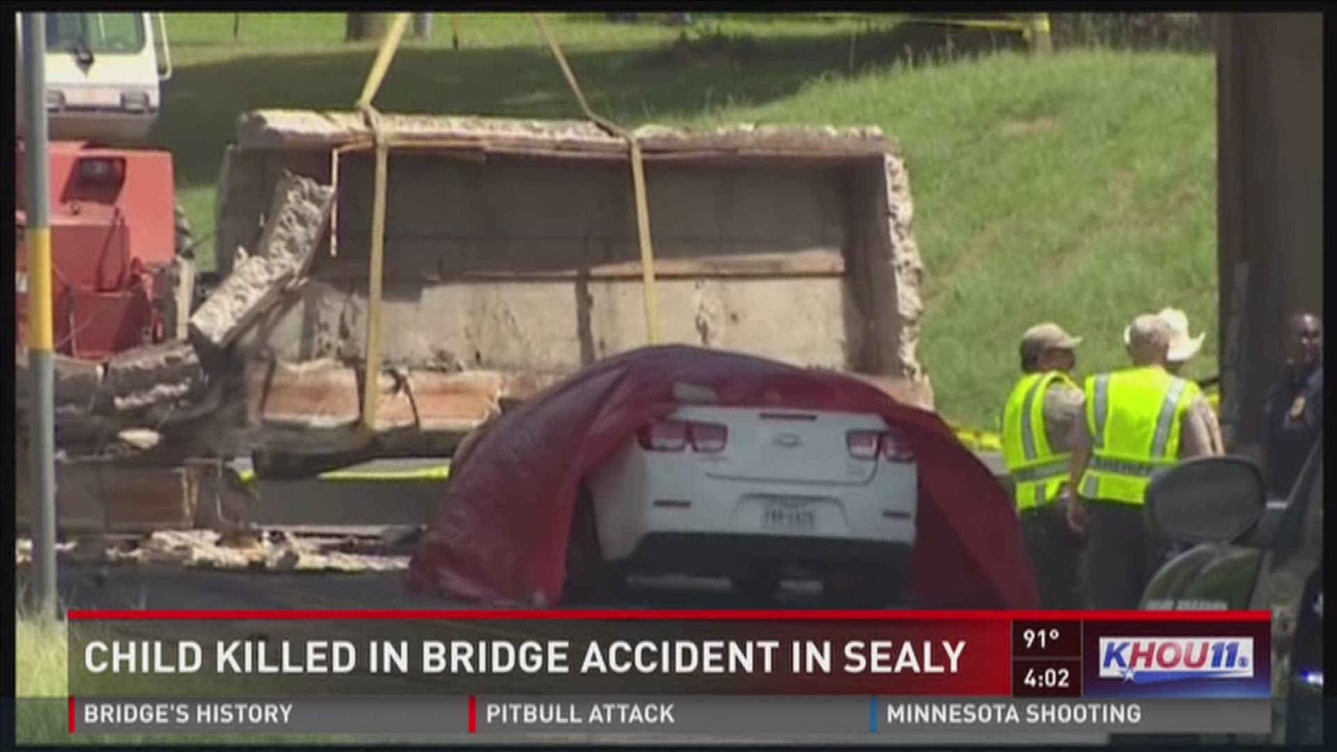 A partial bridge collapse in Sealy crushed a car, killing a 12-year-old girl and injuring her mom, The Texas Department of Public Safety confirms. Another child was injured in the incident. Witnesses say it was about 9:45 a.m. Thursday when a large truck 