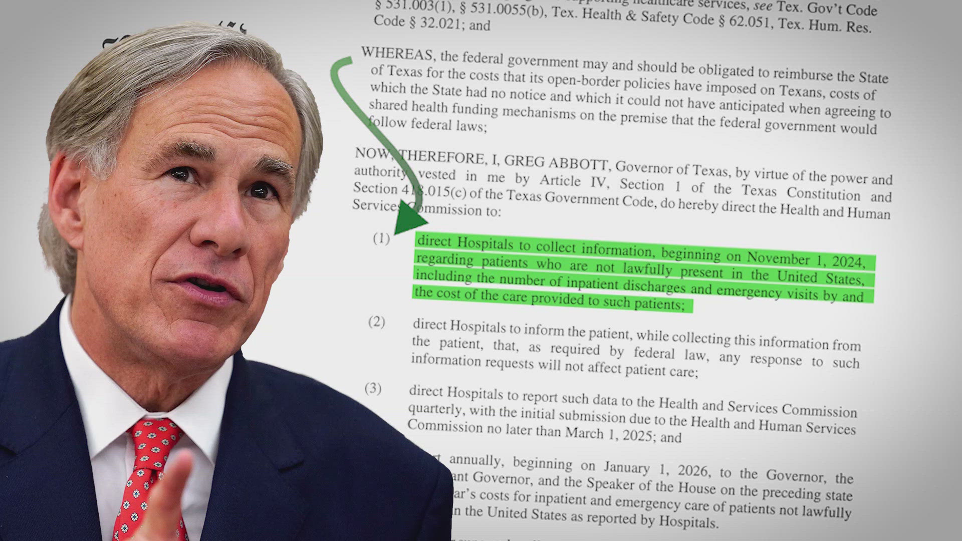 In an executive order issued by Texas Gov. Greg Abbott, hospitals are required to ask if people are lawfully present in the country.