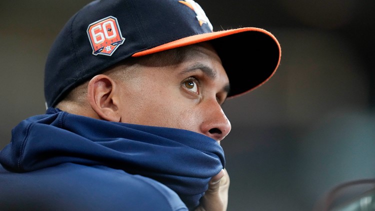 Houston Astros outfielder Michael Brantley takes reps at first base