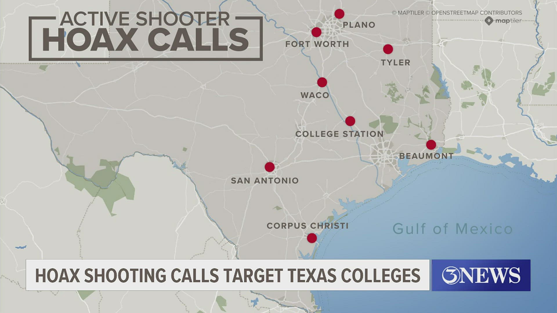 Colleges in Ft. Worth, Tyler, San Antonio, Corpus Christi, Plano, College Station, Beaumont and Waco reported hoax active shooter calls Thursday.