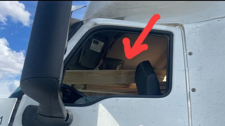 Real life or Final Destination? Lumber goes through cab of truck on Texas highway