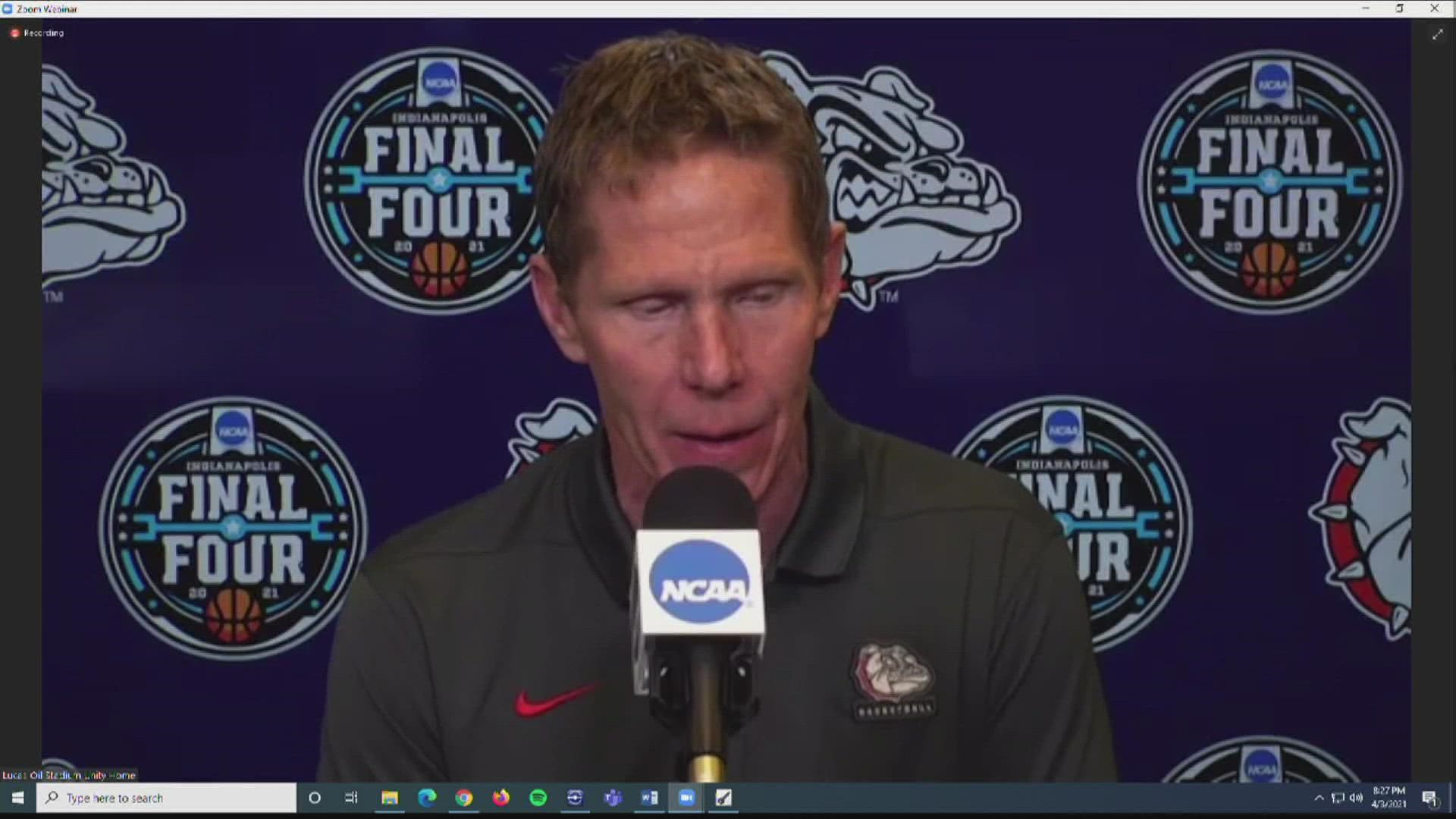 Gonzaga's Mark Few, Jalen Suggs speak to the media after thrilling overtime Final Four win, with Suggs hitting a buzzer beater in overtime to secure the victory.